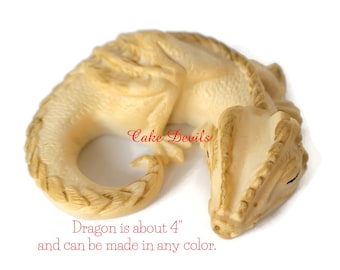 Fondant Dragon Cake Topper, Handmade Edible Sugar Dragon any color,  to lay on top of Cake, Dragon Decoration is about 4"