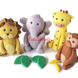 Jungle Animals Fondant Cake Toppers, Giraffe, Elephant, Lion, Monkey, Birthday Party Cake, Safari Cake Decorations , Baby Shower animals image 1