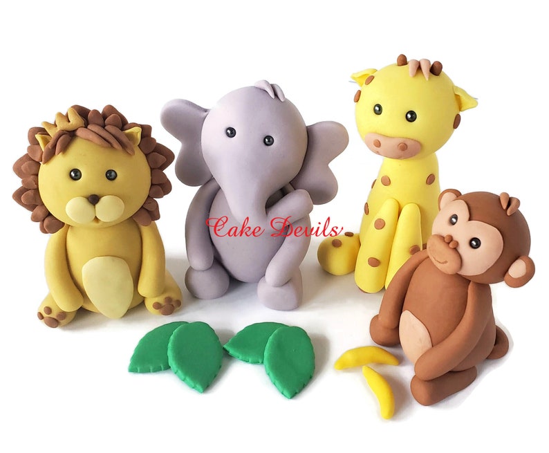 Jungle Animals Fondant Cake Toppers, Giraffe, Elephant, Lion, Monkey, Birthday Party Cake, Safari Cake Decorations , Baby Shower animals image 1