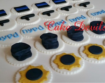 Police Officer Fondant Cupcake Toppers Decorations, Police Academy Graduation, Police Retirement Cupcake Toppers, Fondant badge, Fondant hat