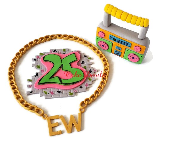80's Hip Hop Graffitti Cake Toppers for 90'sMusic Birthday Cake with Neon Boom Box, Gold Chain and Graffitti Brick Wall Il_570xn