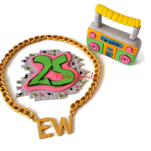 80's Hip Hop Graffitti Cake Toppers for 90'sMusic Birthday Cake with Neon Boom Box, Gold Chain and Graffitti Brick Wall