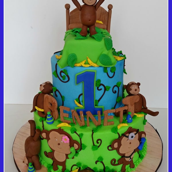 Monkey Fondant Cake topper, Monkeys Jumping on the Bed Birthday party, Monkey cake, Five Little Monkeys, Birthday Cake, Handmade Edible cake