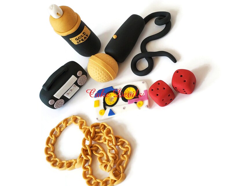 Microphone 90/'s Music Hip Hop Fondant Cake Toppers Boom Box Gold Chain Spray Paint Dice Cassette Tape