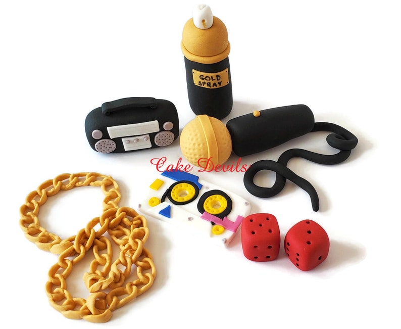 Microphone 90/'s Music Hip Hop Fondant Cake Toppers Boom Box Gold Chain Spray Paint Dice Cassette Tape