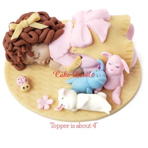 Little Girl with optional Sleeping Bunnies Fondant Cake Topper, Sleeping Bunny Rabbit, Sweet Girl Dress sleeping, birthday cake decorations