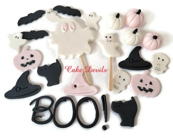 Adornos de pastel de Halloween con fondant, fantasmas para ponerse de pie, calabazas de azúcar en 3D, sombreros, murciélagos y calaveras ¡ABUCHEO! ¡Fiesta de Halloween!