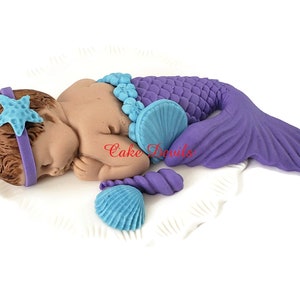 Mermaid Baby Shower Cake Topper, Fondant Baby girl, sleeping baby Mermaid Cake Decoration, Under the Sea theme, Handmade image 4