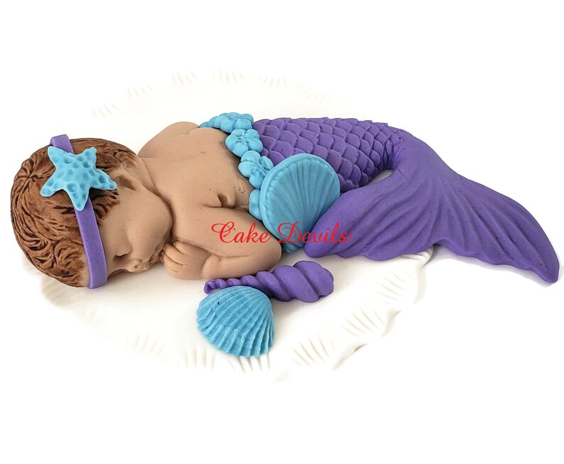 Mermaid Baby Shower Cake Topper, Fondant Baby girl, sleeping baby Mermaid Cake Decoration, Under the Sea theme, Handmade image 4