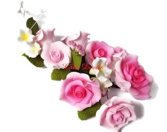 Special! Pink Fondant Rose Cake Topper, Floral Wedding Cake Topper, Pink Gumpaste Rose Spray, Gumpaste Rose Cake Decoration