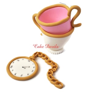 Fondant Stacked Tea Cups and Pocket Watch Cake Toppers, Perfect for an Alice in Wonderland theme,  Cake Decorations, Handmade