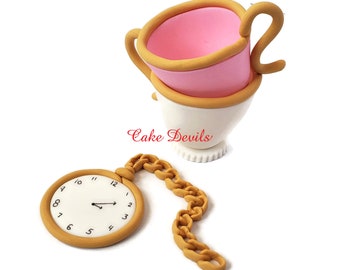 Fondant Stacked Tea Cups and Pocket Watch Cake Toppers, Perfect for an Alice in Wonderland theme,  Cake Decorations, Handmade