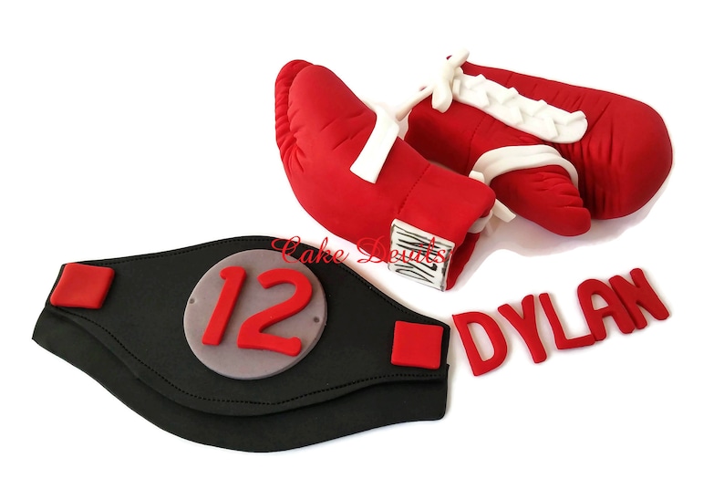 May include: Red boxing gloves with white laces and a black championship belt with a silver number 12 and the name Dylan in red letters.