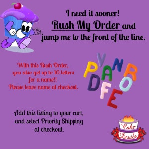 May include: Purple background with a cartoon cupcake character and colorful letters spelling out a name. Text reads "Rush My Order" and "Cake Devils" logo.