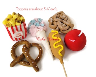 Carnival Food Cake Toppers, Fondant Circus Treats Cake Decorations, Popcorn, Corn Dog, Pretzel, Cotton Candy, Candy Apple, Funnel Cake