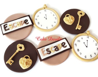 Escape Room Cupcake Toppers, Fondant Cake Decorations, Escape Party, Birthday Party, Panic room, Lock and Key, Clock, Watch, Game