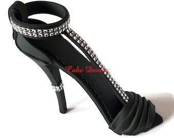 Fondant Strappy Bling High Heel Shoe Cake Topper with pleats, Stiletto with sparkle rhinestones, Handmade Gumpaste, Fashion or Shopping cake