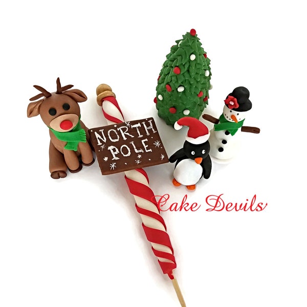 North Pole Holiday Cake Toppers, Fondant Christmas Decorations, Reindeer, Penguin, Snowman, Christmas Tree, North Pole, Fondant Handmade