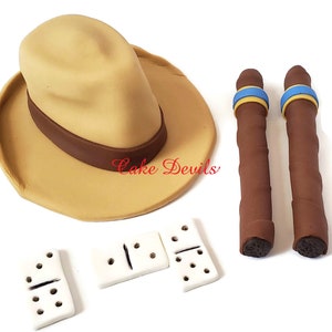 Fondant Men&#39;s Fedora Hat Cake Topper, Fondant Cigars, Fondant Dominoes, Great for a Men&#39;s Retirement or Birthday Cake
