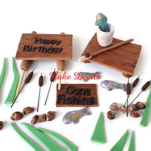 Fondant Fishing Themed Cake Toppers, Wood Dock, Birthday Sign, Fondant Fish, Fisherman Cake Decorations, Fishing Reel, birthday cake