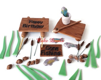 Fondant Fishing Themed Cake Toppers, Wood Dock, Birthday Sign, Fondant Fish, Fisherman Cake Decorations, Fishing Reel, birthday cake