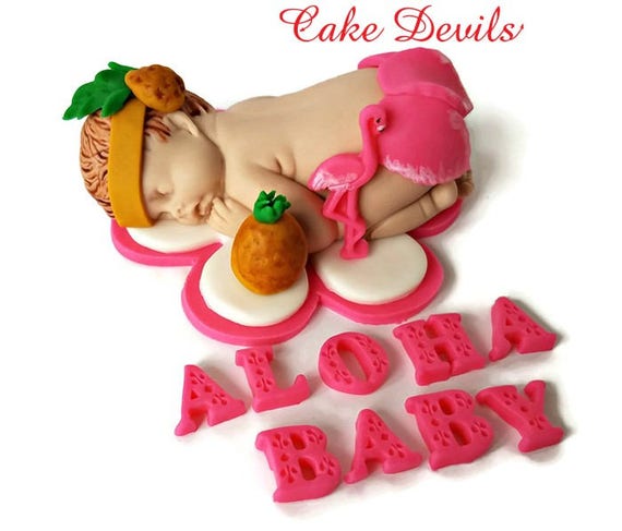 Fondant Flamingo and Pineapple Baby Shower Cake Topper, Sleeping baby, Flamingo, Pineapple, Tropical Luau Cake Decorations, Handmade Edible Il_570xn