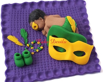 Fondant Mardi Gras Masquerade Mask Baby Shower Cake Topper, Handmade Tutu, Feather headband, Princess Masquerade Ball Baby Cake Decoration