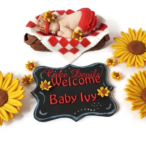Picnic Baby Shower Cake Topper, Baby Face Cupcake Toppers, Fondant, Baby in Picnic Basket, Sunflowers, BBQ, Babyque, babyq bild 2