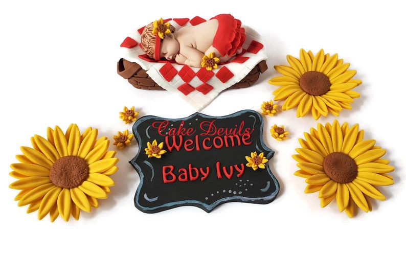 Picnic Baby Shower Cake Topper, Baby Face Cupcake Toppers, Fondant, Baby in Picnic Basket, Sunflowers, BBQ, Babyque, babyq bild 2