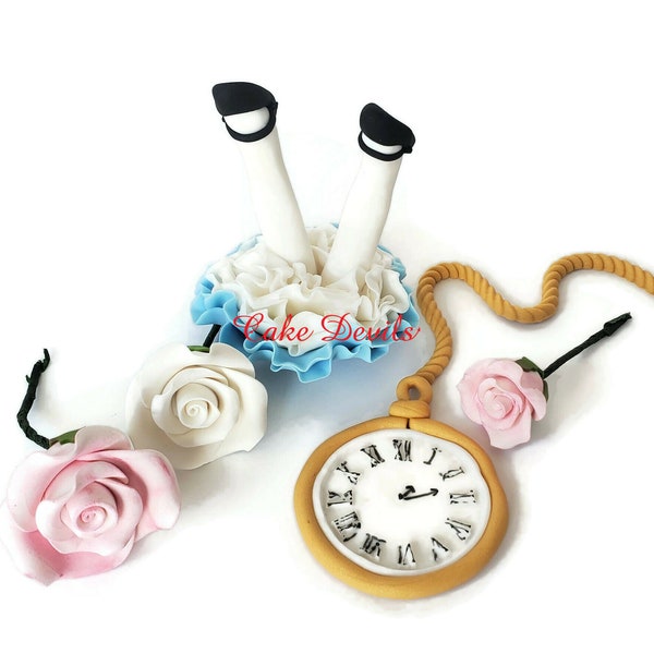 Alice Down the Rabbit Hole Adventures in Wonderland Fondant Cake Toppers, Legs with Blue Dress, Roses, Pocket Watch, Cake Decorations