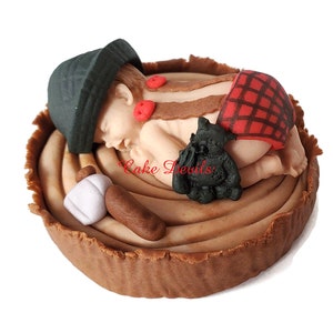 Lumberjack Baby Shower, Fondant Lumberjack Cake Topper, Woodland Sleeping Baby Cake Decoration, Handmade, Buffalo Plaid, Red Rustic, flannel image 1