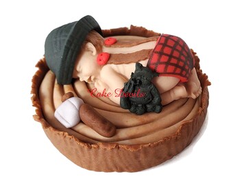 Lumberjack Baby Shower, Fondant Lumberjack Cake Topper, Woodland Sleeping Baby Cake Decoration, Handmade, Buffalo Plaid, Red Rustic, flannel