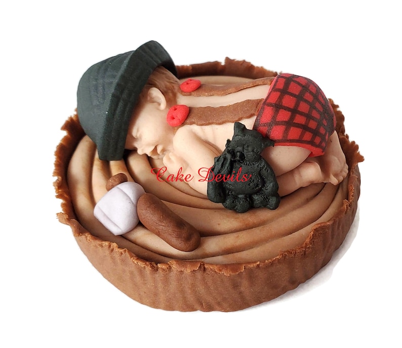 Lumberjack Baby Shower, Fondant Lumberjack Cake Topper, Woodland Sleeping Baby Cake Decoration, Handmade, Buffalo Plaid, Red Rustic, flannel image 1