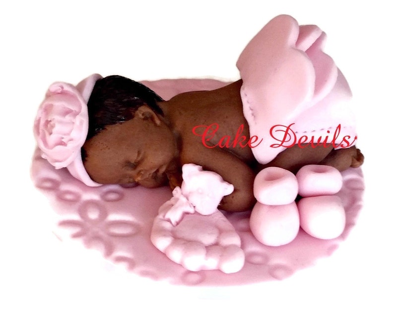 Christening Baby girl fondant sleeping baby Handmade Edible baby shower cake topper Baptism Pink Ruffle baby baby Flower headband