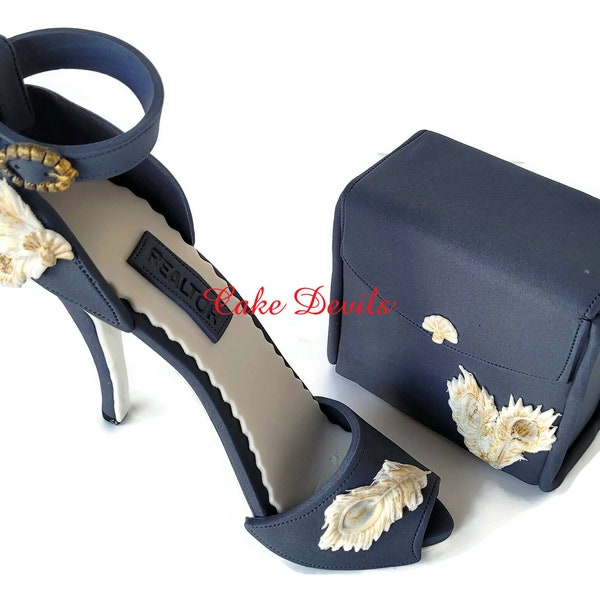 White Peacock High Heel Shoe and Purse Cake, Fondant Topper, Clutch Purse, Gold accented Feather Stiletto and handbag, Handmade. Fashion