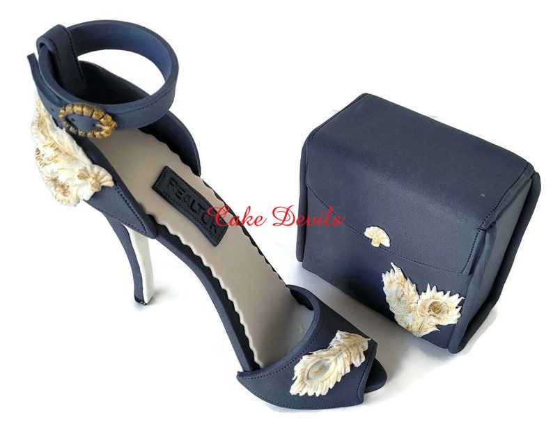 White Peacock High Heel Shoe and Purse Cake, Fondant Topper, Clutch Purse, Gold accented Feather Stiletto and handbag, Handmade. Fashion image 1