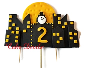 Superhero Buildings Cake Topper, Fondant Night Scene Cake Decorations, Superhero night time backdrop with moon and clock on buildings