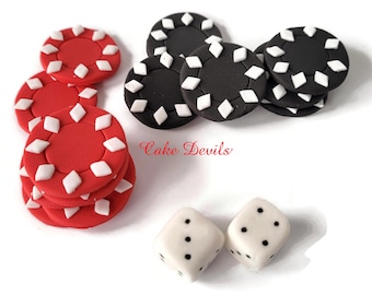 Fondant Casino Chip and Dice Cake Toppers, Cupcake Toppers, Gambler Cake, Poker Chips, Cigar, Perfect for Birthday, Retirement, and more!