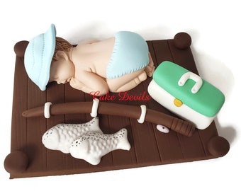 Fishing Baby Shower Fondant Sleeping Baby Cake Topper, Baby with fishing rods, tackle box and fish on a dock, Handmade Cake Decorations
