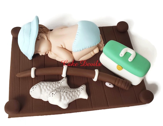 Fishing Baby Shower Fondant Sleeping Baby Cake Topper, Baby with