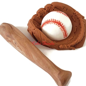 Fondant Baseball Cake Toppers, Baseball Bat, Baseball Glove and Baseball Cake Decorations, Handmade Baseball diamond and plaque, sports