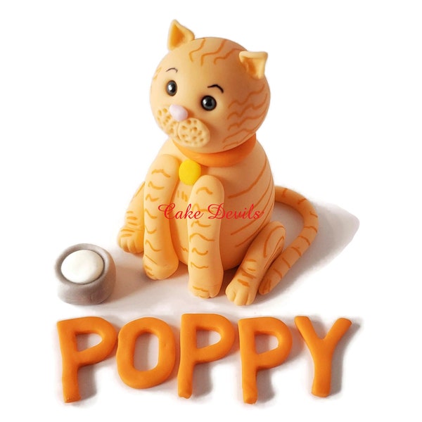 Fondant Cat Cake Topper with Milk bowl and name, Orange Tabby Cat Cake Decorations