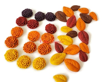 Fall Fondant Mum Flowers and Autumn Fondant Leaves Cake Decorations, Chrysanthemum Flower Cake Toppers, Small Autumn Flower Cupcake toppers