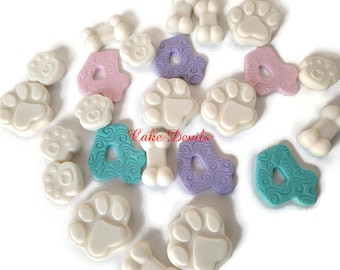 12 huesos de perro fondant y toppers de cupcakes con estampado de patas y decoraciones de pasteles, decoraciones temáticas de animales de azúcar comestible hechas a mano, edad, patrulla