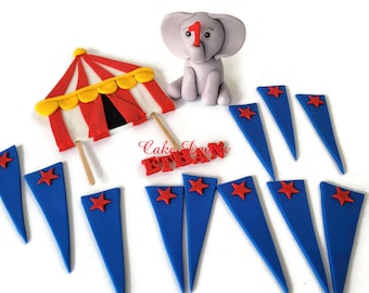 Fondant Elephant and Circus Carnival Cake Toppers, Handmade Circus Tent Cake Decorations, Triangle Banners, Personalized, Birthday Cake Top