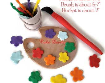 Toppers de pastel de arte fondant - ¡Perfecto para la fiesta de cumpleaños de su artista en ciernes! Paleta De Pintura, Cubo, Remolinos De Pintura, Pincel, Hecho A Mano