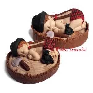 Lumberjack Baby Shower, Fondant Lumberjack Cake Topper, Woodland Sleeping Baby Cake Decoration, Handmade, Buffalo Plaid, Red Rustic, flannel image 4