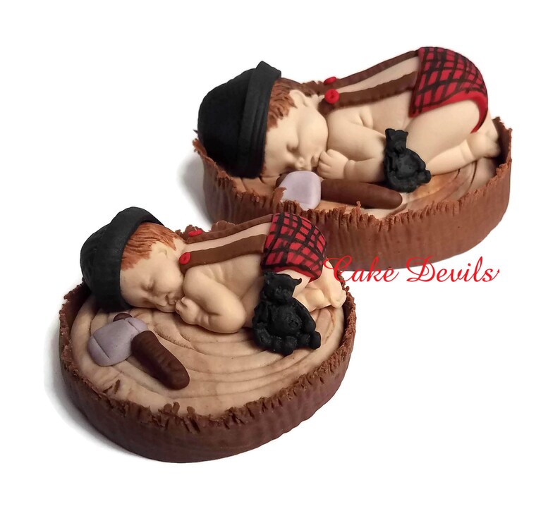 Lumberjack Baby Shower, Fondant Lumberjack Cake Topper, Woodland Sleeping Baby Cake Decoration, Handmade, Buffalo Plaid, Red Rustic, flannel image 4