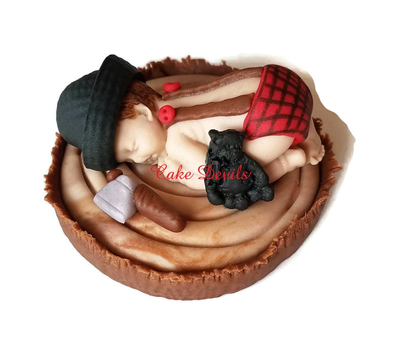 Lumberjack Baby Shower, Fondant Lumberjack Cake Topper, Woodland Sleeping Baby Cake Decoration, Handmade, Buffalo Plaid, Red Rustic, flannel image 5