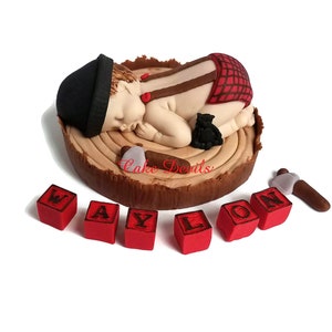 Lumberjack Baby Shower, Fondant Lumberjack Cake Topper, Woodland Sleeping Baby Cake Decoration, Handmade, Buffalo Plaid, Red Rustic, flannel image 2